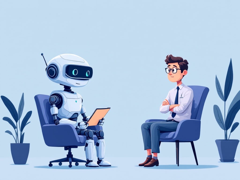 A humorous illustration showing an AI assistant wearing a therapist's glasses, sitting in a chair with a notepad, while a stressed business owner lies on a therapy couch